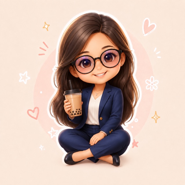 Cartoon of Polly sitting with a bubble tea